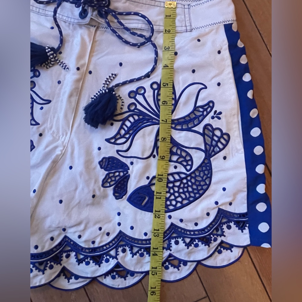 Farm Rio Artisanal Embroidered Resortwear/Beach Shorts Blue White XS Tassel Tie - Picture 9 of 16